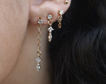 Dainty Cross Cubic Zirconia Earring - Gold Triple Earrings, Dangle Charm Huggie Earring - Stud Chain Earring Set , Hole to Hole Earring