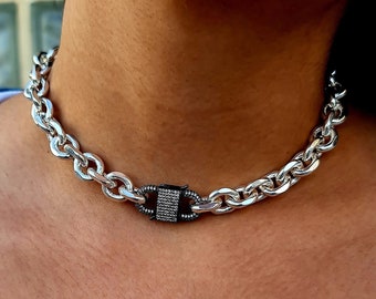 Lock Necklace, Silver Chain Choker, Chunky link Necklace, Statement Link Necklace, Carabiner Necklace ,Rectangle Link Necklace Holiday Gift