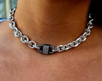 Silver Chunky Necklace, Silver Carabiner Chain Necklace, Padlock necklace, CZ Carabiner Clasp Necklace, Silver Cable Chain, Gift for her