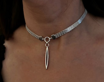 Sterling Silver Choker Necklace With Oval Pendant, Geometric Choker - Flat Snake Link Chain - O Ring Choker, Dainty Hoop Choker Gift for her