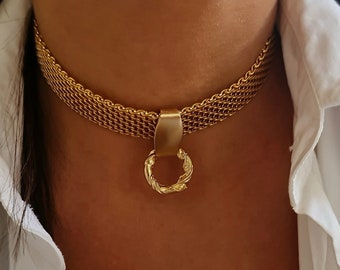 O Ring Kragen, Gold Tageskragen, Kragen Halsband, Dicke Kette Choker, Gold Chunky Halskette, Luxus Kette Geschenk, Abendkragen, Kragen Schmuck