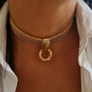 Gold chain choker - O ring choker - Weaved Wide Chain choker - hoop choker necklace - ring choker -  chunky choker - choker necklace