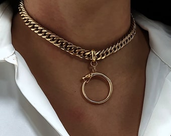 Circle Choker Necklace, Snake Pendant Necklace, Gold Circle Snake Necklace, O Ring Choker, Chunky Gold Necklace,  Statement Chunky Choker