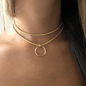 Collar Necklace: Long Wrap Snake Necklace With O ring - Gold Plated - Womens Choker