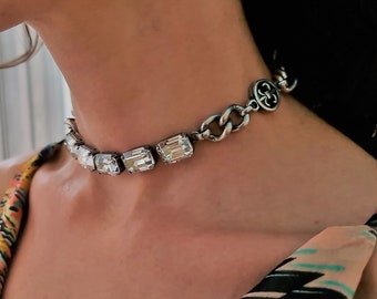 Statement Rhinestones Swarovski Rectangular choker necklace - diamond choker - Crystal Clear Oval Octagon choker - Chunky link choker