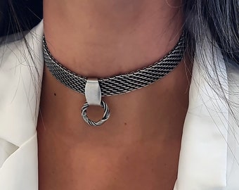 Zilveren ketting choker - O ring choker - geweven choker - hoepel choker ketting - ring choker - platte slang choker - choker ketting