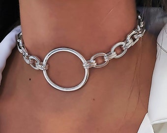 Women's Bold Chain Necklace, Chunky O Ring Chain Necklace, Large Rectangle Link Necklace, Shiny Silver Hoop Necklace, Biker Jewelry For her
