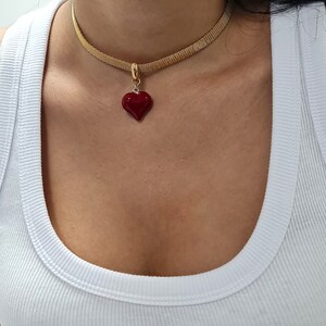 Heart Choker Necklace, Red heart Collar, Delicate Gold Choker Necklace, Dainty Choker Necklace, flat snake chain choker, Mother's Day Gift