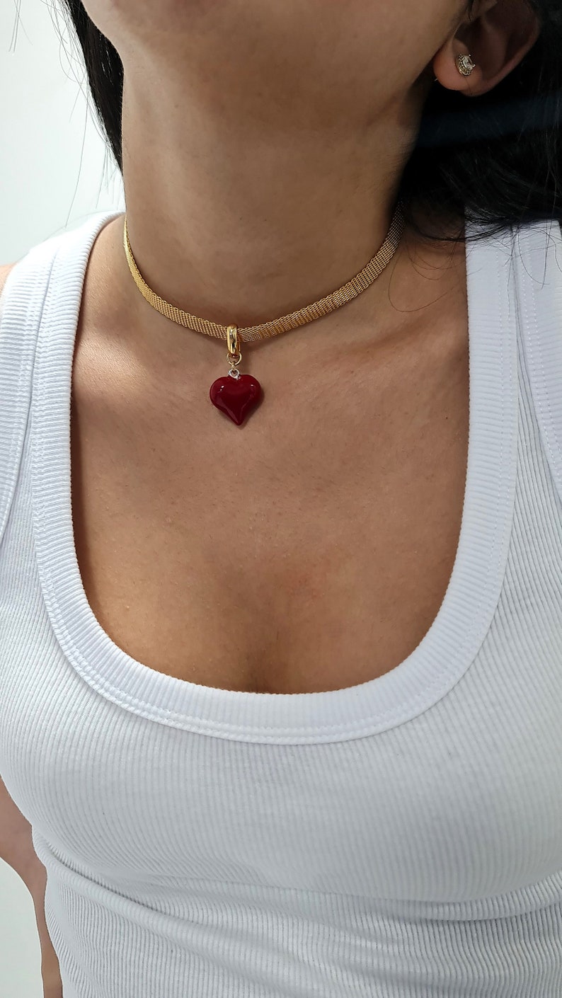 Heart Choker Necklace, Red heart Collar, Delicate Gold Choker Necklace, Dainty Choker Necklace, flat snake chain choker, Mother's Day Gift