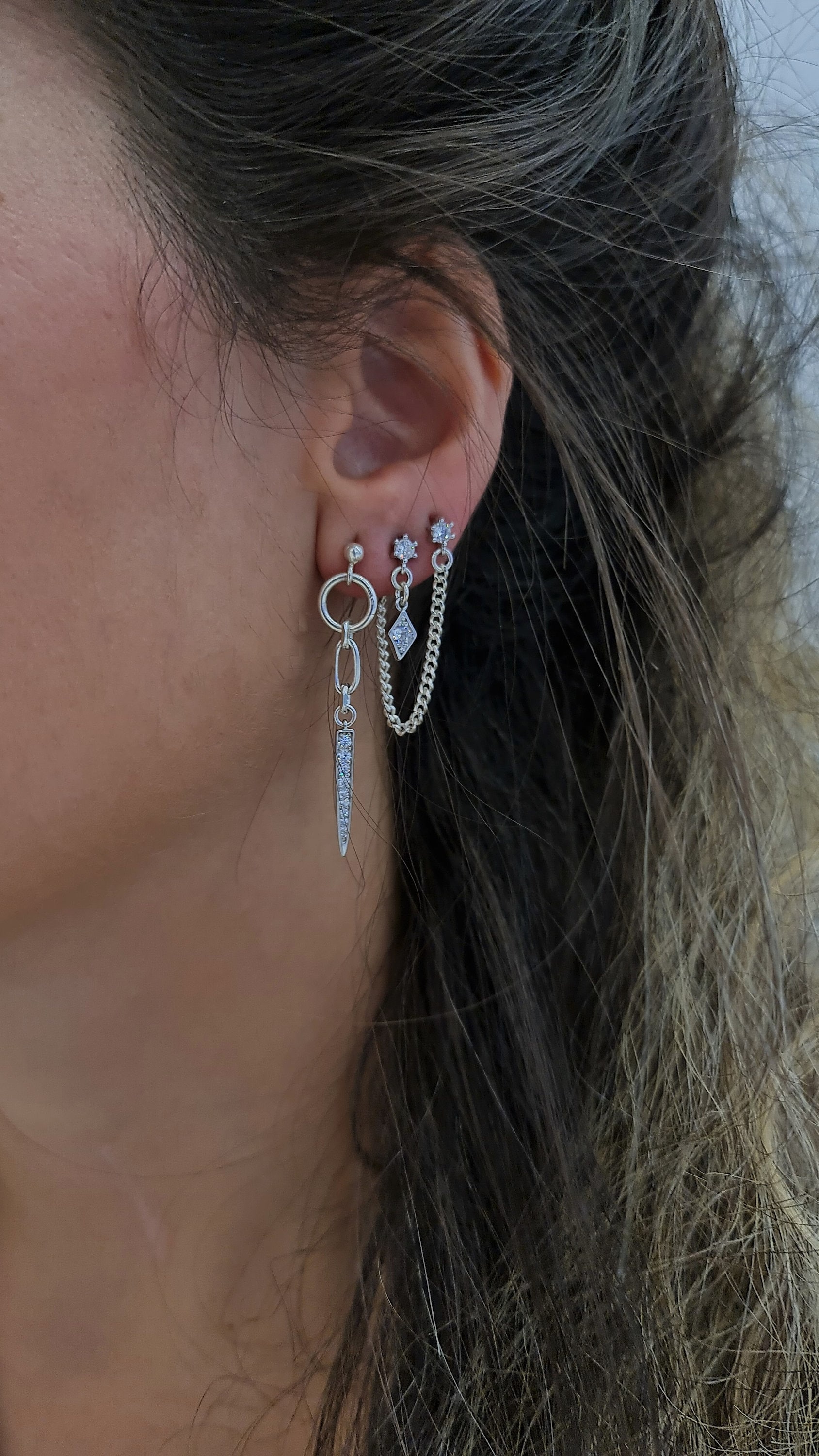 Stacked earrings silver, dangle stack Spike Earrings, long drop charm earrings, Set of 3 earrings, chain earrings set, punk, goth earrings
