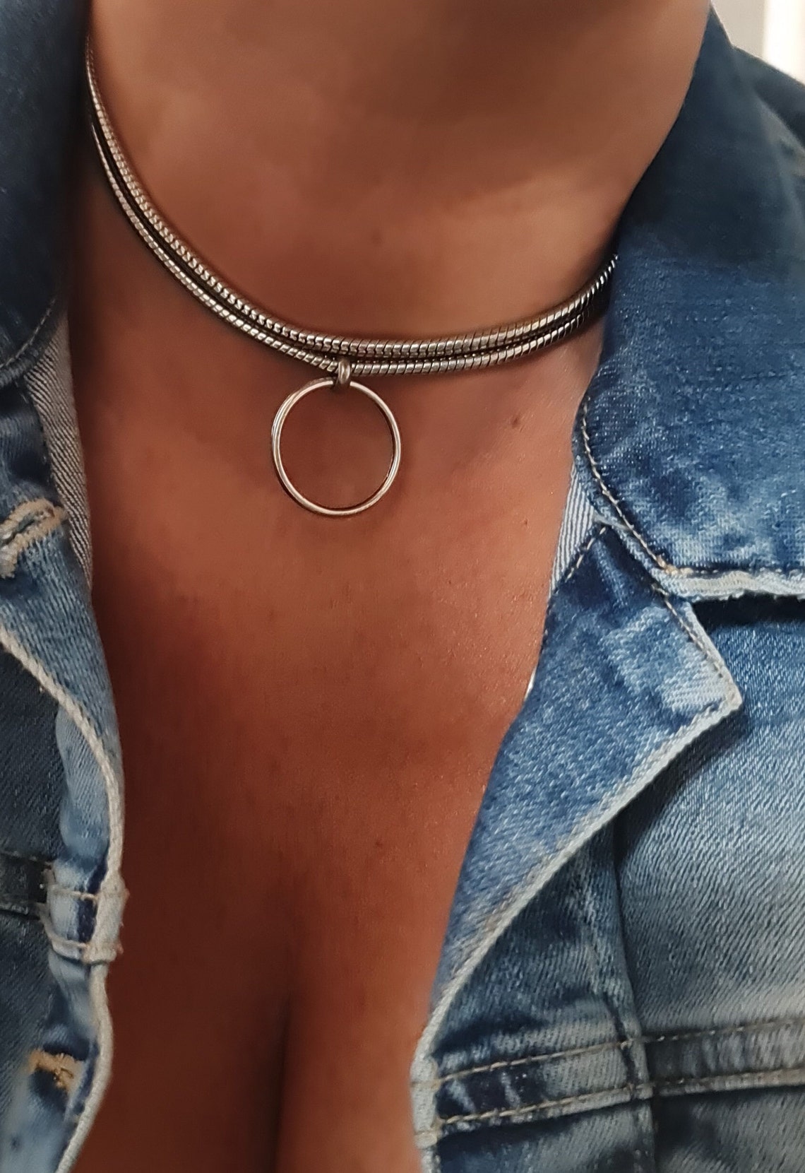 Silver Chain Choker O Ring Choker Herringbone Chain Choker Etsy
