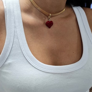 Heart Choker Necklace, Red heart Collar, Delicate Gold Choker Necklace, Dainty Choker Necklace, flat snake chain choker, Mother's Day Gift