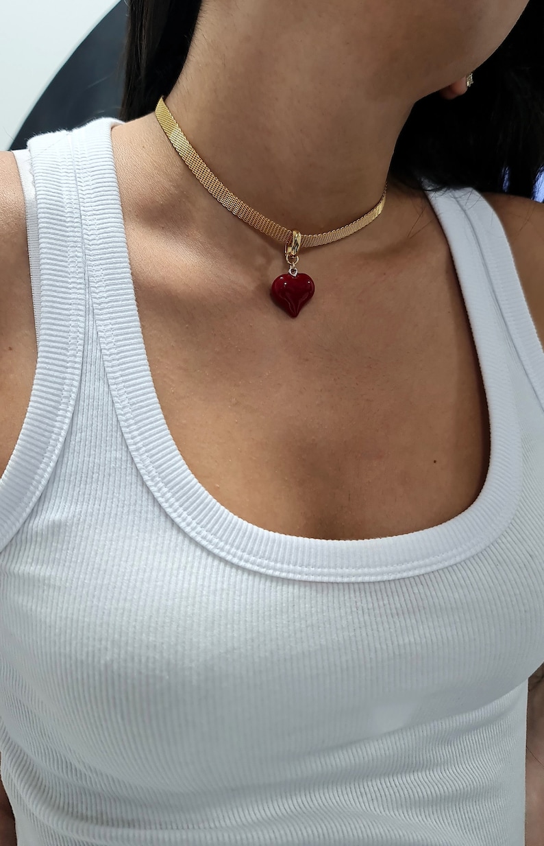 Heart Choker Necklace, Red heart Collar, Delicate Gold Choker Necklace, Dainty Choker Necklace, flat snake chain choker, Mother's Day Gift