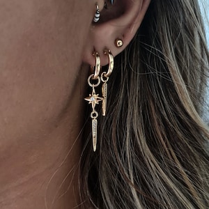 Spike Earrings - Gold Dangle Earrings - Second Hole Earrings, Small Huggie Hoop Earrings, White Cz Charm Earrings, Dangle Stacking Earrings