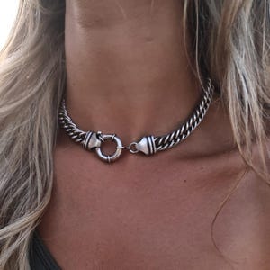Chunky silver thick foxtail chain shaped front spring clasp - choker necklace for women