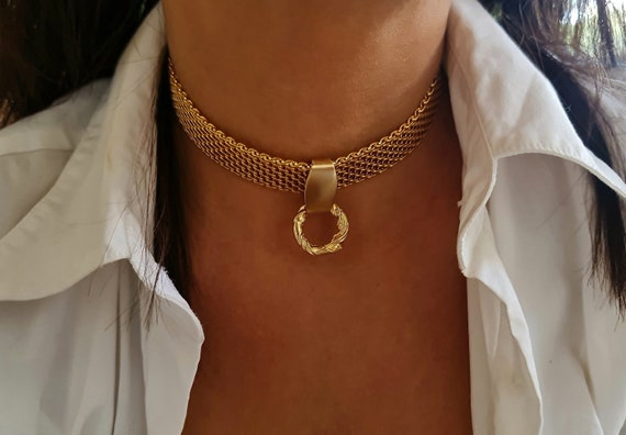 Gold chain choker - O ring choker - Weaved Wide Chain choker - hoop choker necklace - ring choker -  chunky choker - choker necklace