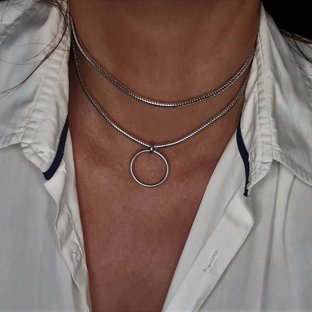 Silver Chain Choker O Ring Choker Herringbone Chain Choker Hoop Choker