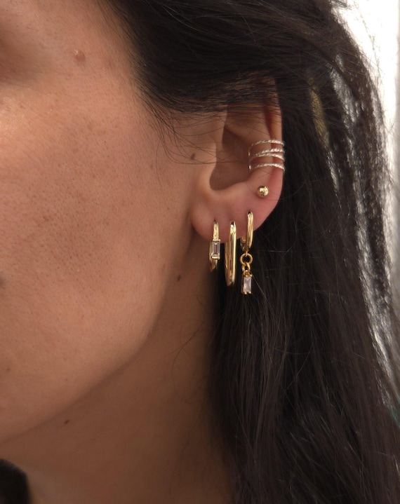 Gold Rectangle Hoop Earring Set: Zirconia Charm Dangle, Stacked