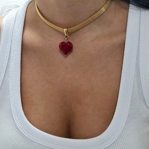 Heart Choker Necklace, Red heart Collar, Delicate Gold Choker Necklace, Dainty Choker Necklace, flat snake chain choker, Mother's Day Gift