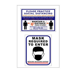 Se requiere máscara para ingresar y cartel publicitario de distanciamiento social 20"x15" inglés/español