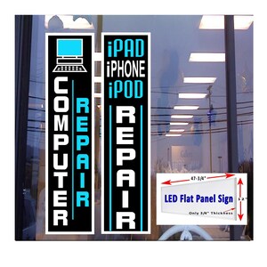 Computadora iPhone iPad iPod Reparación Caja de luz LED letreros de ventana 48 "x 12" (2) paquete de letreros