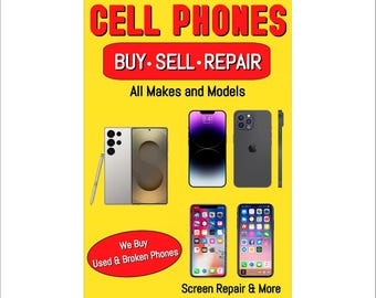 Cartel publicitario de reparación de celulares, compra, venta y reparación de pantallas, 61 x 91 cm.