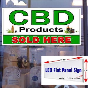 Los productos CBD vendidos aquí llevaron la muestra de la ventana de la caja de luz de la pantalla plana 48"x24"