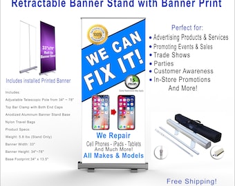 Soporte retráctil para pancartas de reparación de celulares (84 x 198 cm) con bolsa de viaje