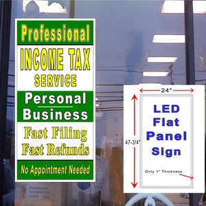 Letrero de caja de luz LED vertical con panel plano para ventana de 48" x 24" para servicios profesionales de declaración de impuestos