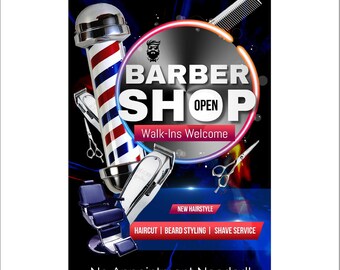Cartel publicitario de barbería abierta, corte de pelo y afeitado de barba, 61 x 91 cm