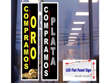 Compramos Oro y Plata (español compramos oro plata) Caja de luz de panel plano LED letrero de ventana 48 "x 12" Paquete de dos letreros