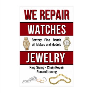 Reparamos relojes, joyas, medición de anillos, reparación de cadenas, cartel publicitario de 24 x 36 pulgadas.