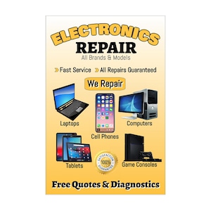 Cartel publicitario de reparación de dispositivos electrónicos, teléfonos celulares, computadoras portátiles y tabletas, 24 x 36 pulgadas