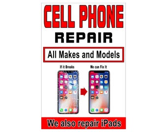 Cartel publicitario de reparación de celulares de todas las marcas y modelos, 24" x 36"