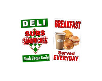 Cartel publicitario de 24" x 36" que anuncia desayunos y sándwiches de charcutería.