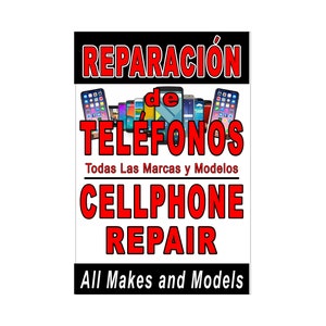 Cartel publicitario en inglés y español de reparación de teléfonos móviles, 24 "x 36"