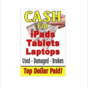 Cartel publicitario en efectivo para iPads, tabletas y portátiles, usado, dañado y roto, 24 "x 36"