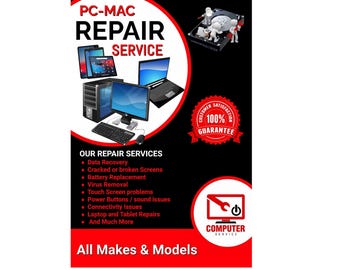 Servicio de reparación de PC y Mac. Cartel publicitario de 24" x 36".