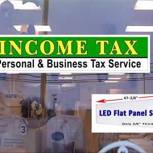 Letrero de ventana con caja de luz LED de panel plano de 48" x 12" para servicio de impuestos sobre la renta personales y comerciales