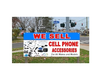 Cartel publicitario de vinilo con accesorios para teléfonos celulares a la venta.
