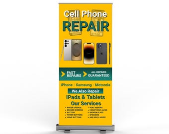 ¡Letrero retráctil con pancarta de reparación de teléfonos celulares con impresión de pancarta de 33" x 78" incluida!