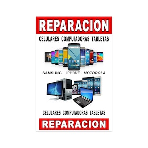 Reparacion Celulares computadoras tabletas 24x36 cartel publicitario español