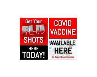 Vacuna contra la gripe y la COVID-19 disponibles aquí (carteles publicitarios, 2 unidades, 24" x 36")