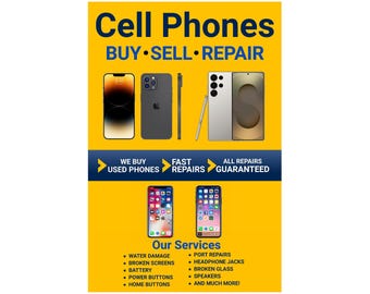 Cartel publicitario de compra, venta y reparación de celulares (24 x 36 pulgadas)