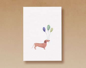 Dachshund with balloon postcard - watercolor illustration printed on high-quality paper made from 100% recycled fiber