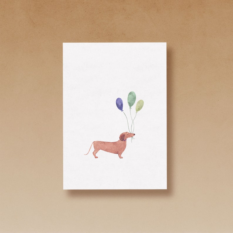 Dachshund with balloon postcard watercolor illustration printed on high-quality paper made from 100% recycled fiber image 1