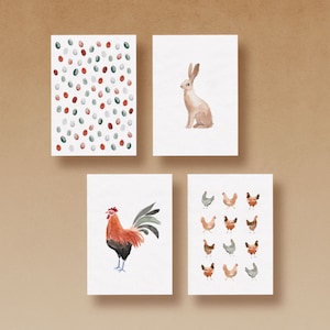 4 kartki wielkanocne z akwarelowymi ilustracjami wydrukowane na pięknym papierze makulaturowym