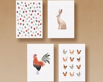 4 Osterkarten mit Aquarell Illustrationen gedruckt auf schönem Recyclingpapier