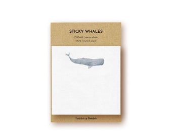 Notas adhesivas Sticky Whales con forma de cachalote, hechas con papel 100% reciclado.