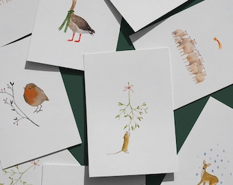 Kerst-/winterkaartenset I | 5 ansichtkaarten met aquarelillustraties gedrukt op 100% gerecycled papier